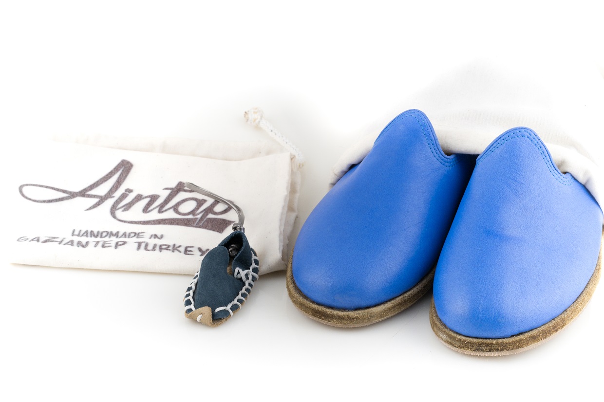 %100 Hakiki Deri Mavi Unisex Klasik Gaziantep Yemeni