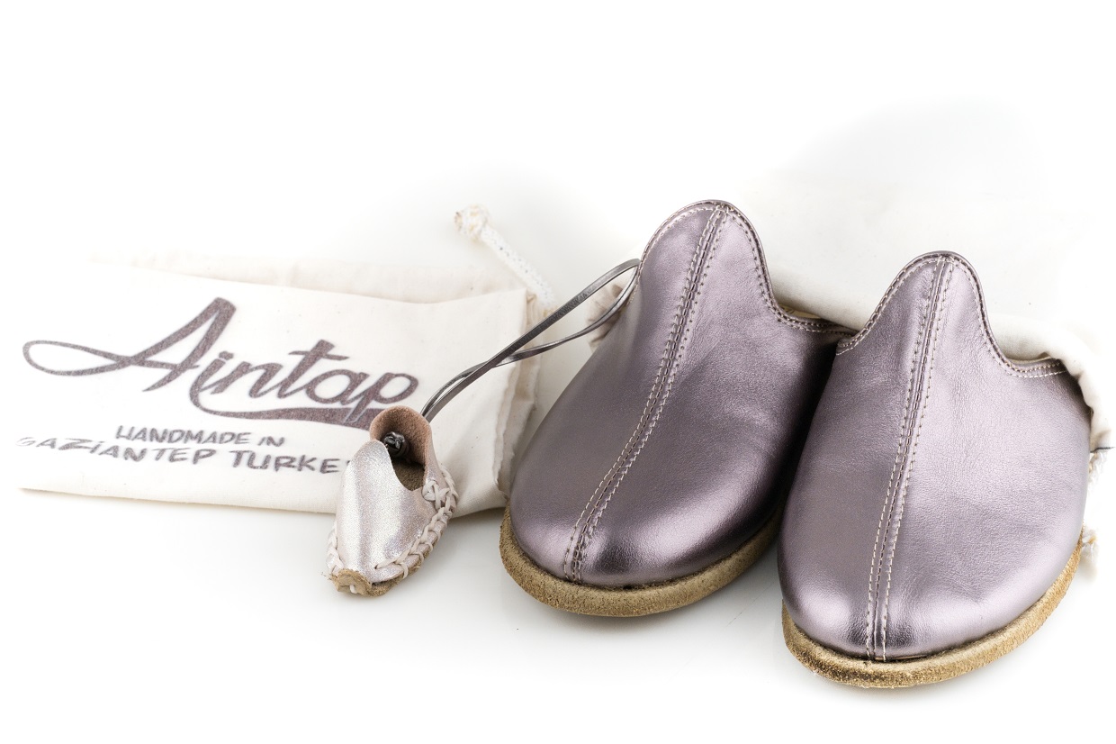 %100 Hakiki Deri Parlak Bronz Kadın Gaziantep Yemeni Terlik