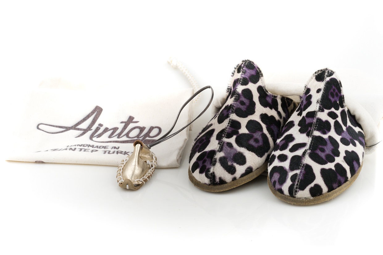 %100 Hakiki Deri Mavi Leopar Kadın Gaziantep Yemeni Terlik